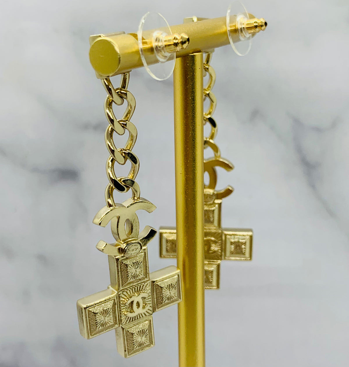 CHANEL CC Rhinestone Cross Pendant Earrings - USED