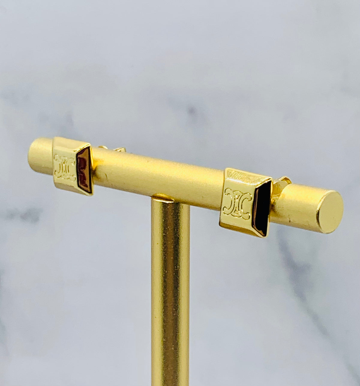CELINE Monogram Gold Tone Square Earrings - Pre owned