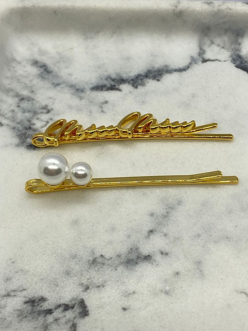MIU MIU Gold Tone Pearl 2 piece Hair Clip Barrette Set - Pre owned
