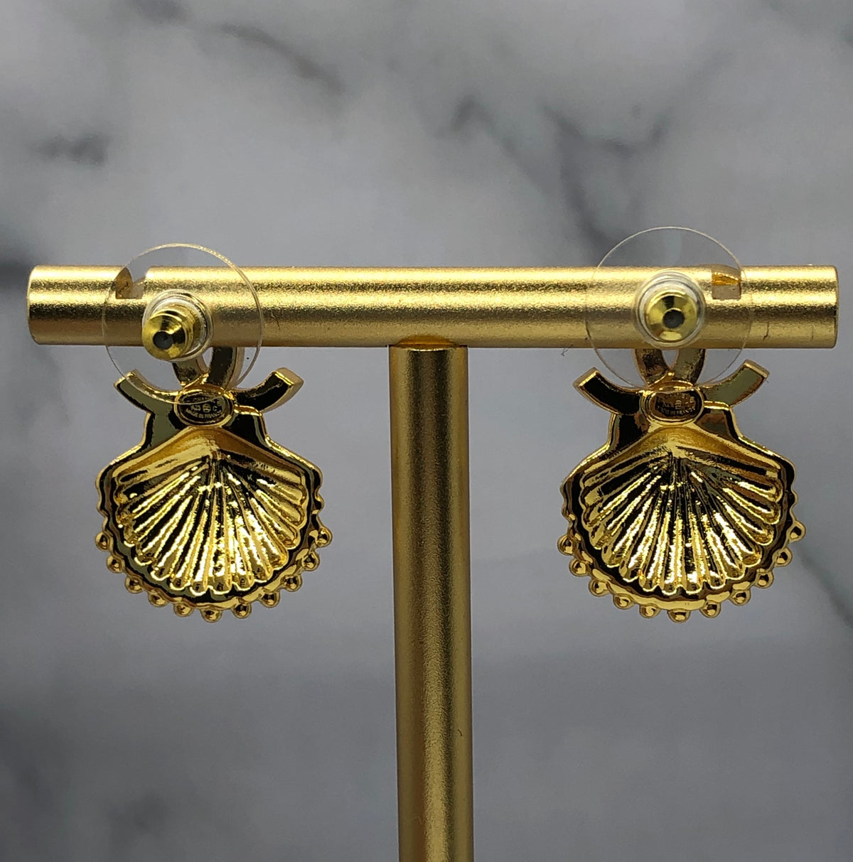 CHANEL CC Gold Tone Rhinestone Shell Earrings - Pre owned