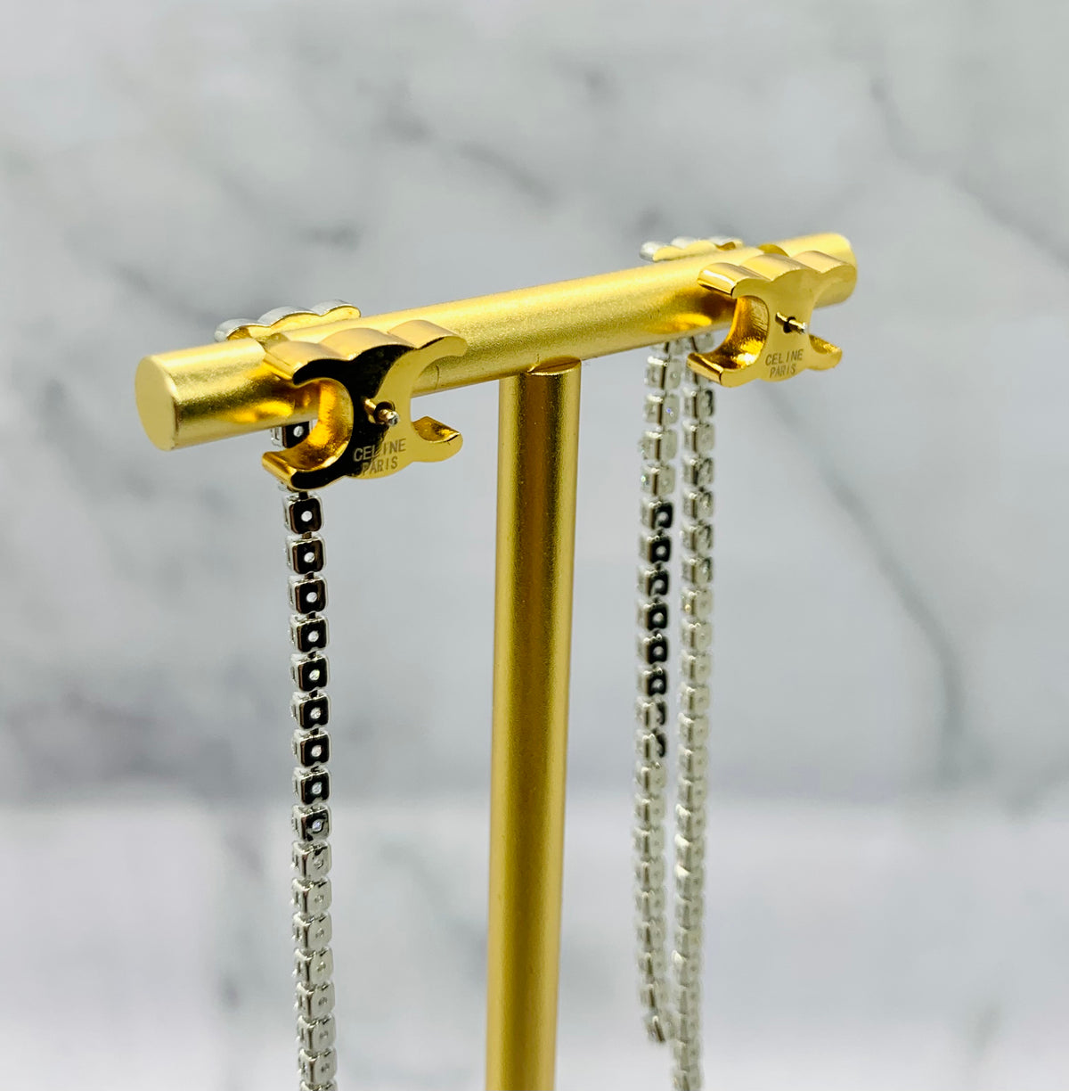 CELINE Monogram Rhinestone Pendant Earrings - Pre owned