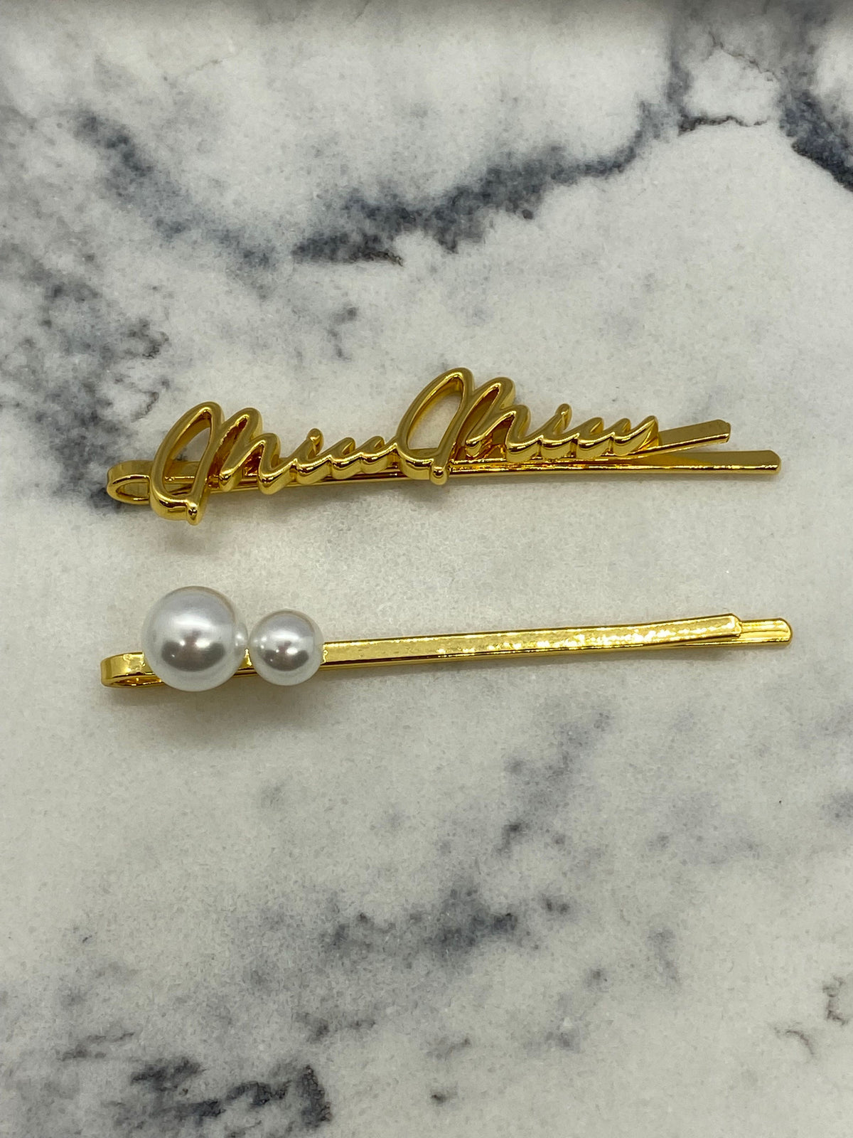 MIU MIU Gold Tone Pearl 2 piece Hair Clip Barrette Set - Pre owned