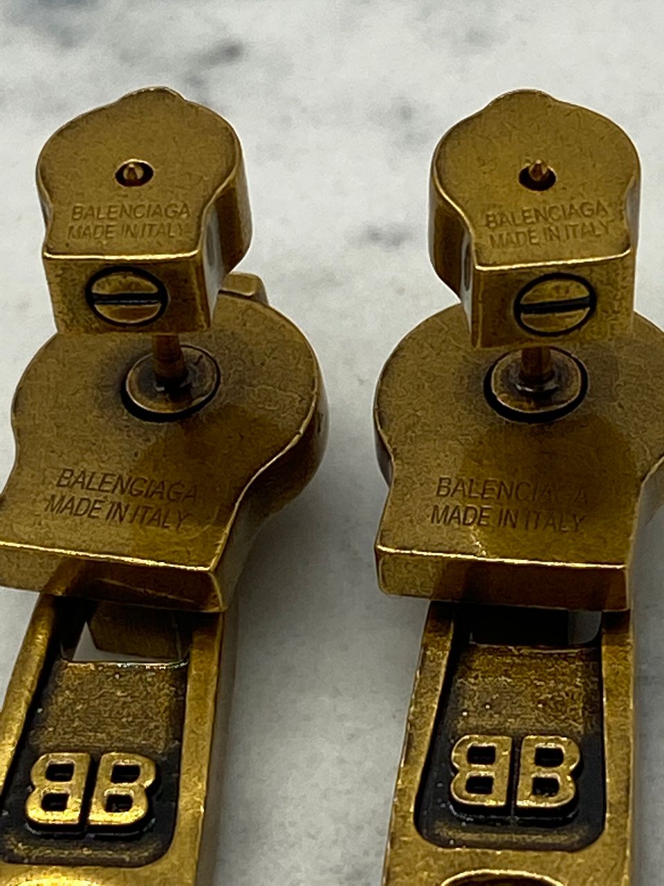 BALENCIAGA BB Brass Tone Zipper Earrings - USED