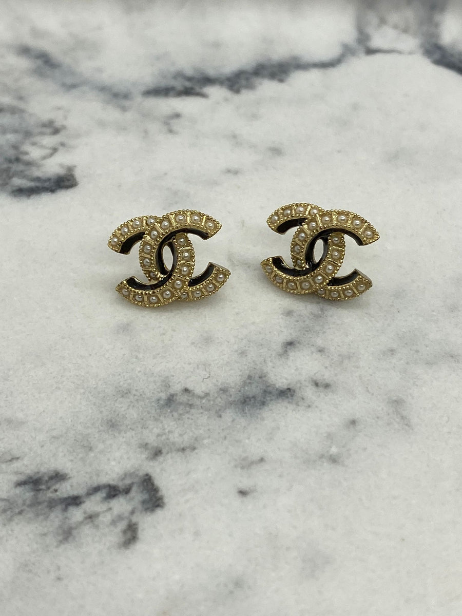 CHANEL CC Gold Tone Pearl Small Earrings - USED