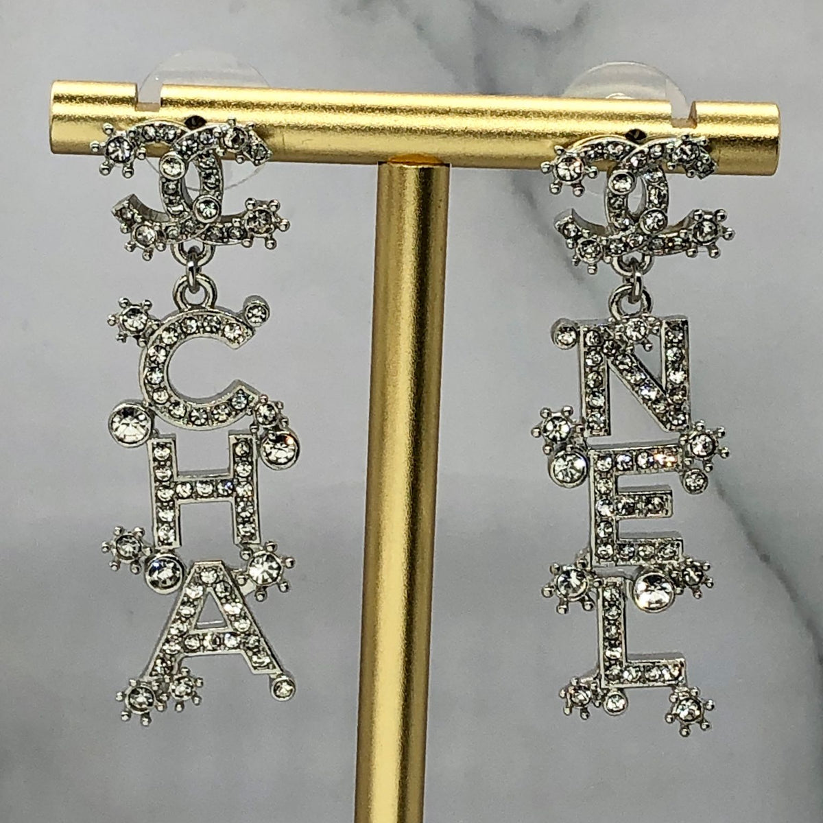 CHANEL CC Silver Tone Rhinestone Pendant Earrings - Pre owned