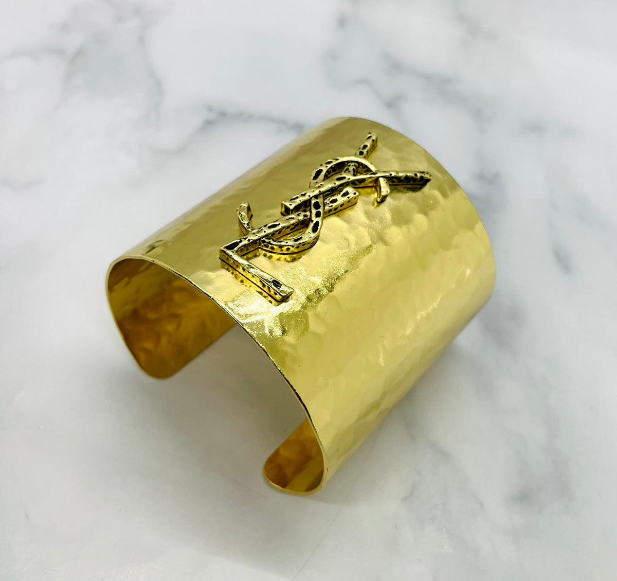 YSL YVES SAINT LAURENT Gold Tone Monogram Cuff Bracelet - Pre owned