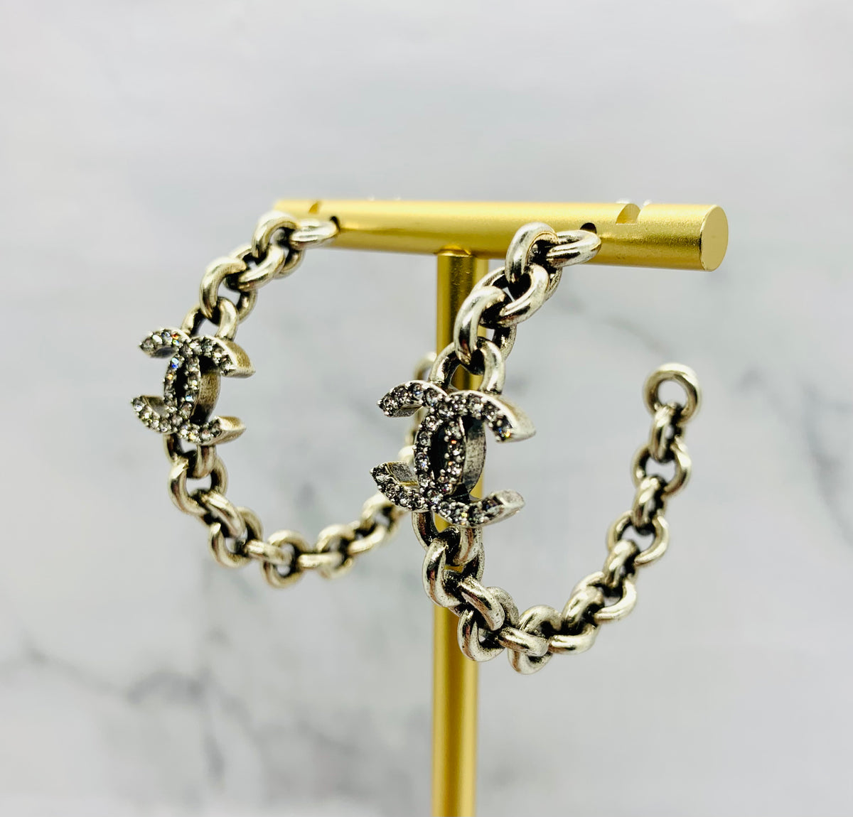 CHANEL CC Pewter Chain Hoop Earrings - Pre owned
