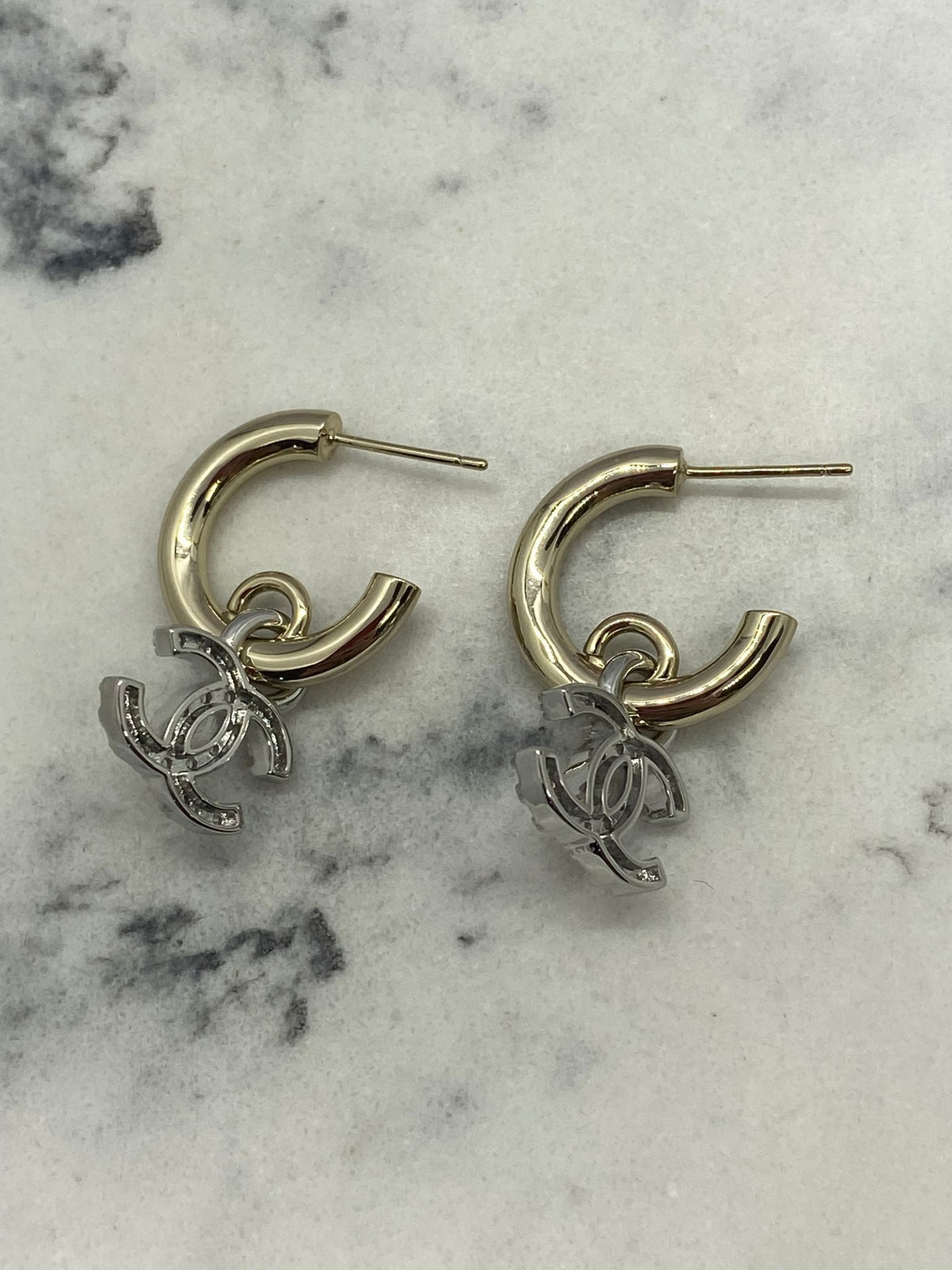 CHANEL CC Silver Tone Rhinestone Earrings - USED
