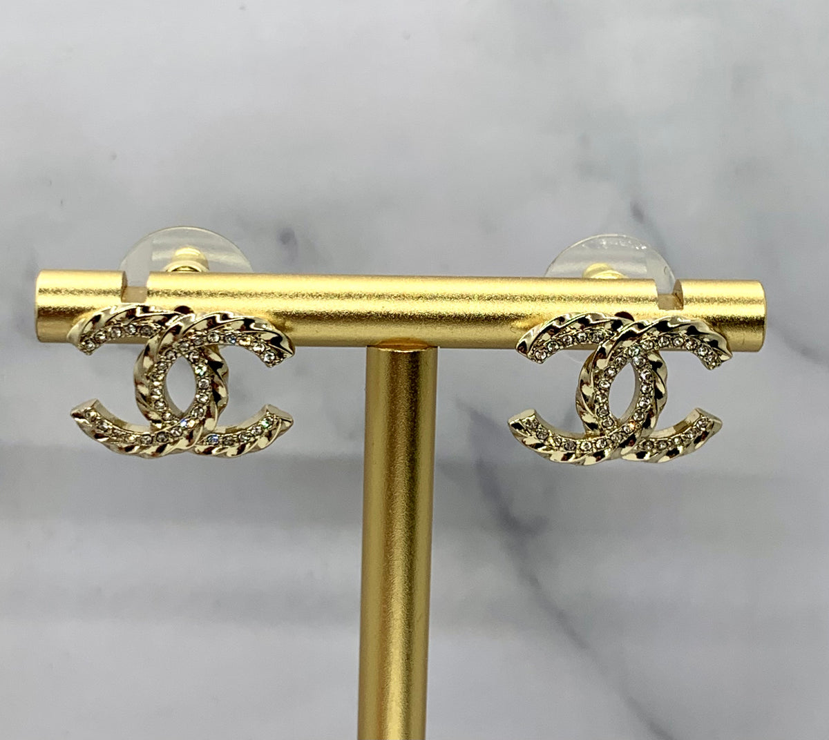 CHANEL CC Gold Tone Rhinestone Earrings - USED