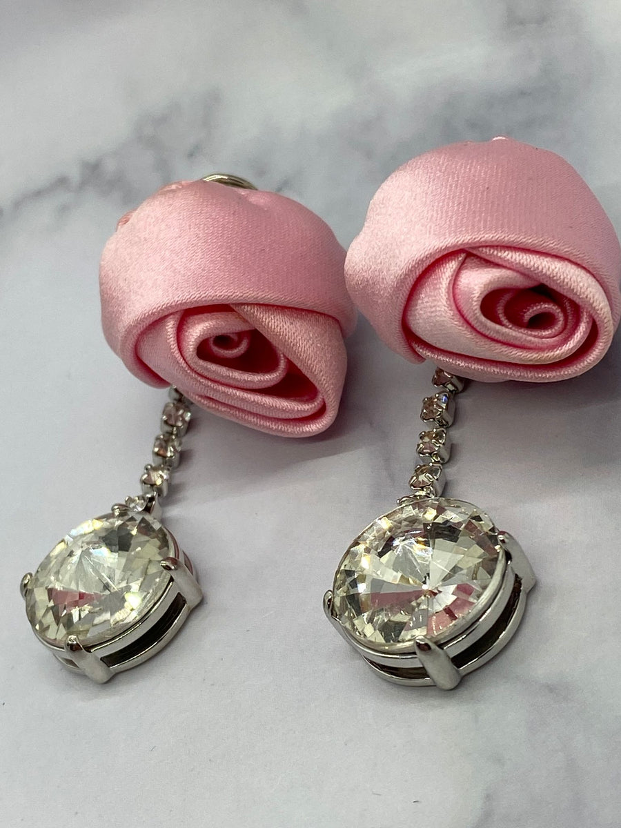 MIU MIU Pink Silk Rose & Rhinestones Clip On Earrings - Pre owned
