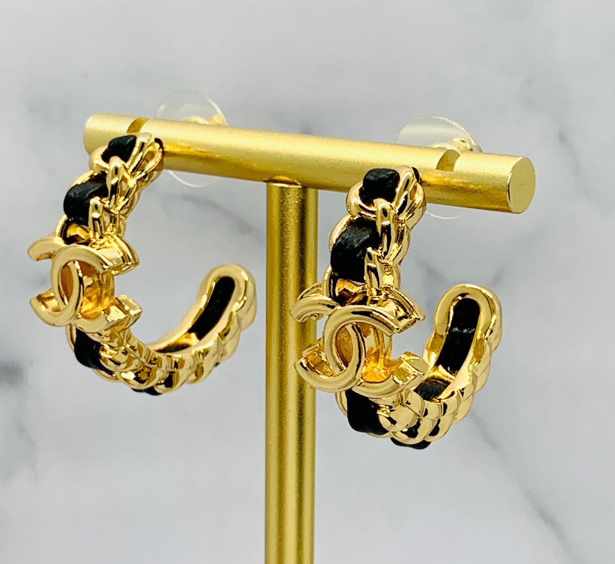 CHANEL CC Leather Trim Hoop Earrings - Pre owned