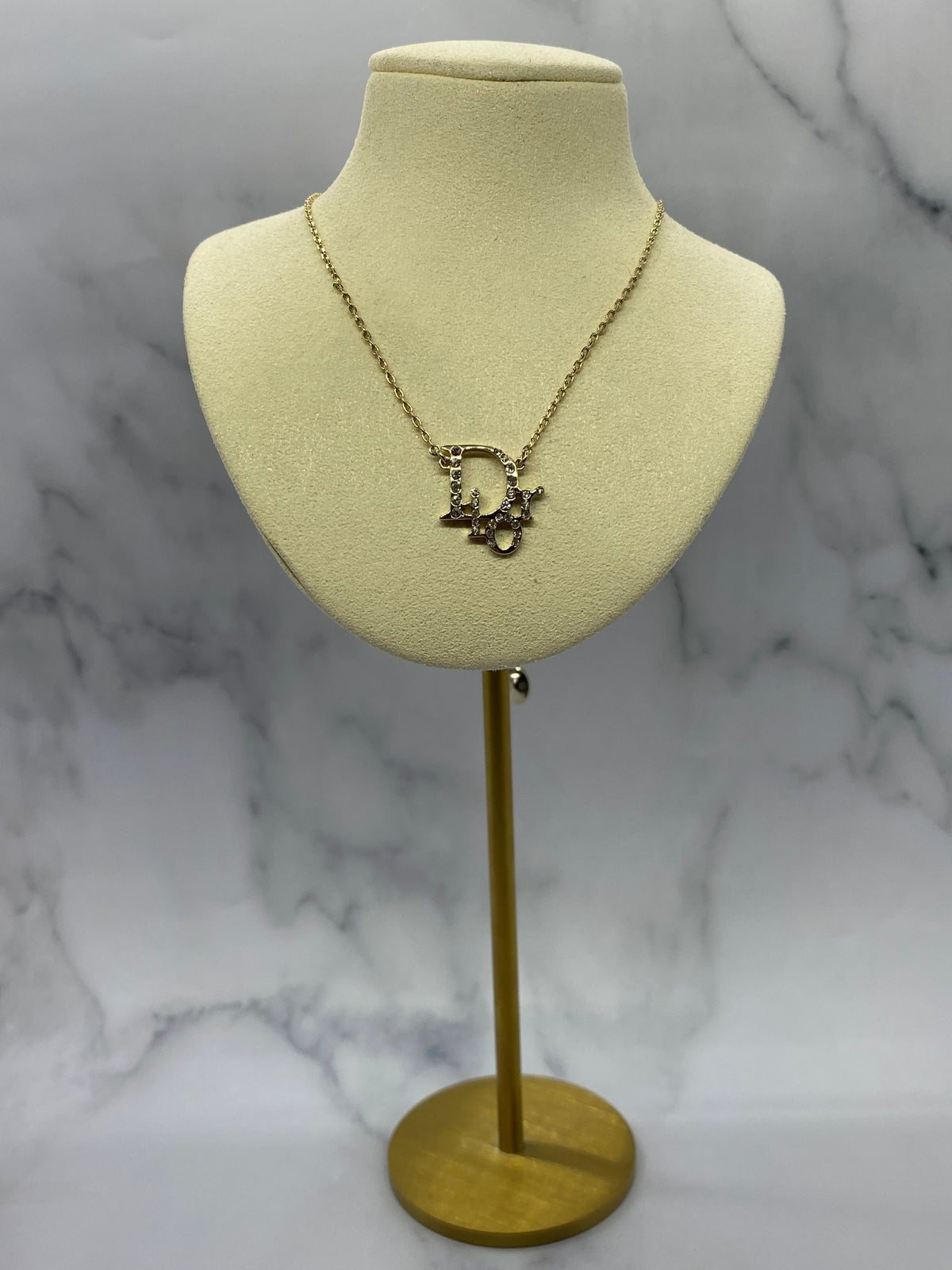 CHRISTIAN DIOR Silver Tone Rhinestone Monogram Necklace- Pre owned