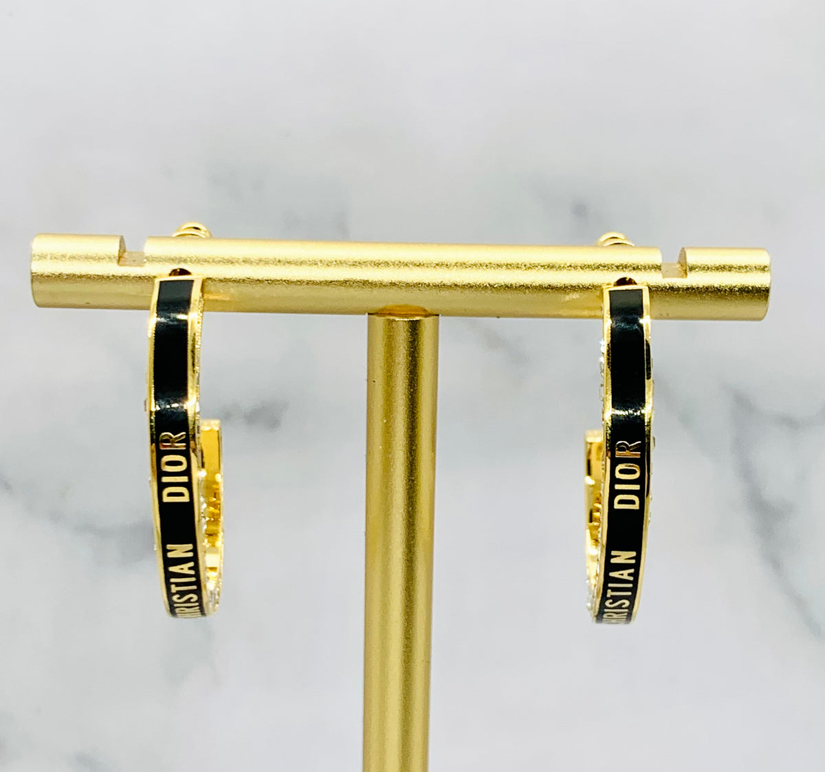 CHRISTIAN DIOR Black Rhinestone Hoop Earrings - Pre owned