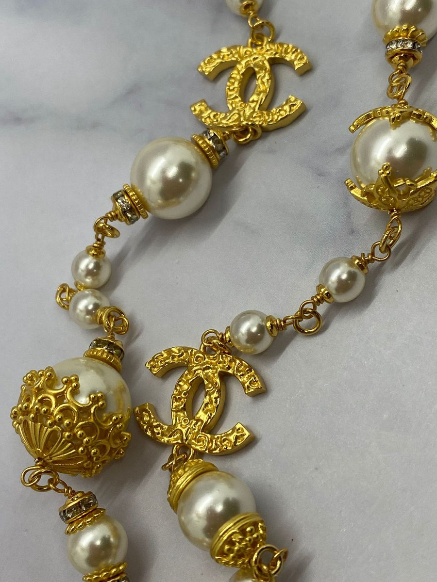 CHANEL CC Gold Tone Long Pearl Wrap Necklace - USED