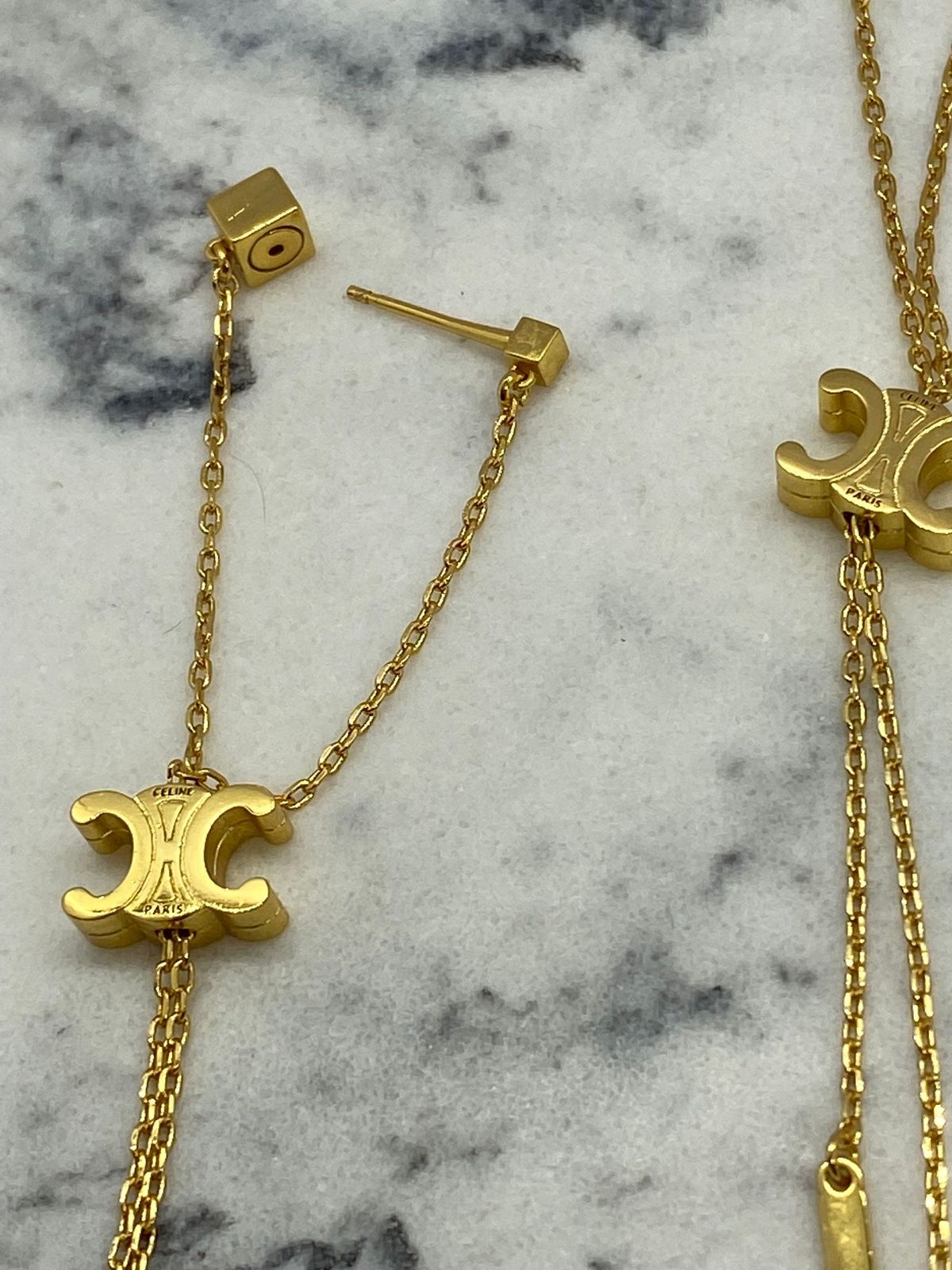 CELINE Gold Tone Pendant Chain Earrings - Pre owned