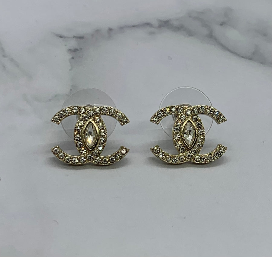 CHANEL CC Gold Tone Rhinestone Earrings - USED