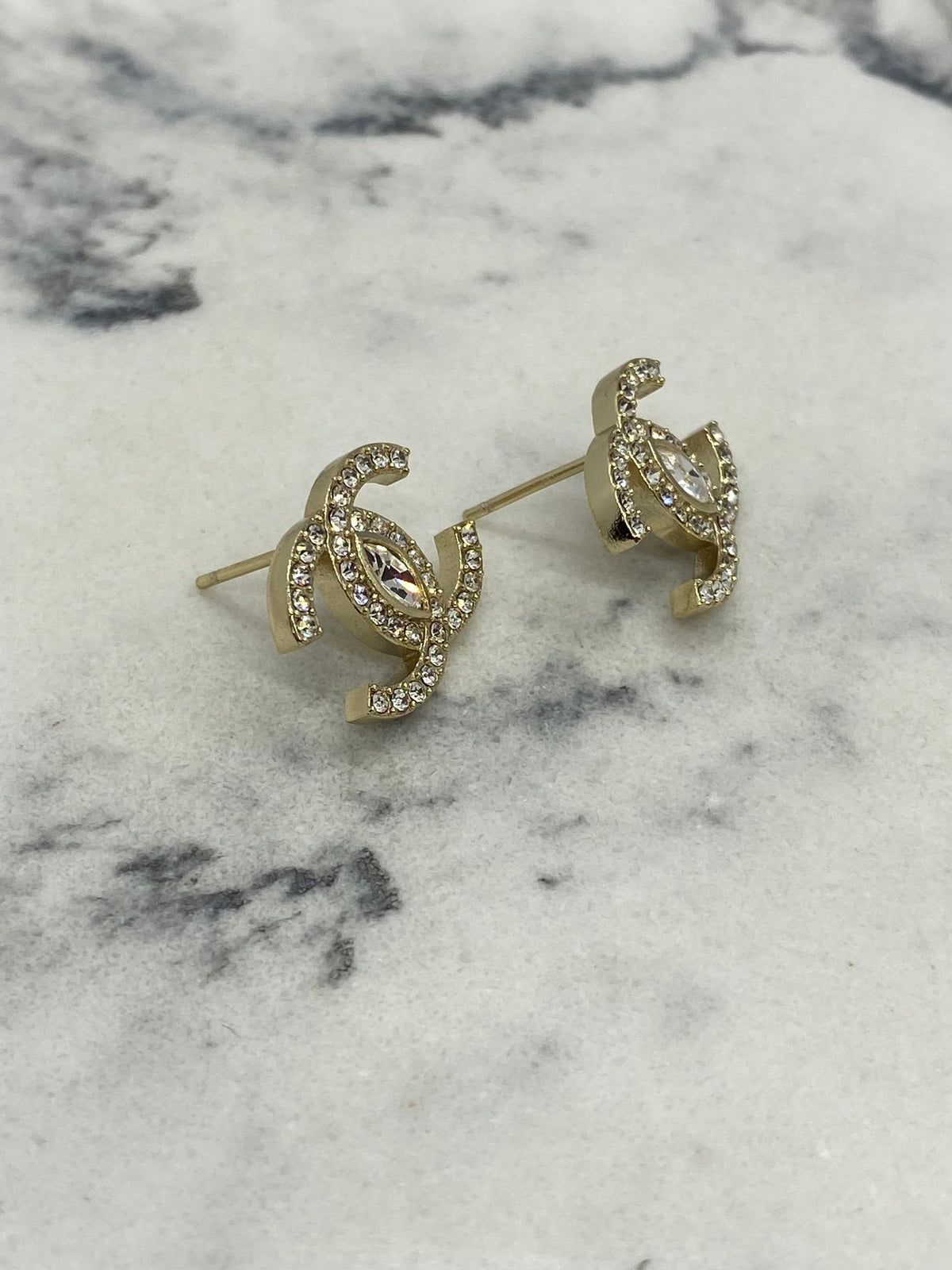 CHANEL CC Gold Tone Rhinestone Earrings - Pre owned