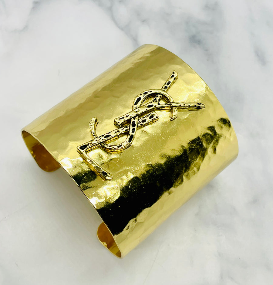 YSL YVES SAINT LAURENT Gold Tone Monogram Cuff Bracelet - Pre owned