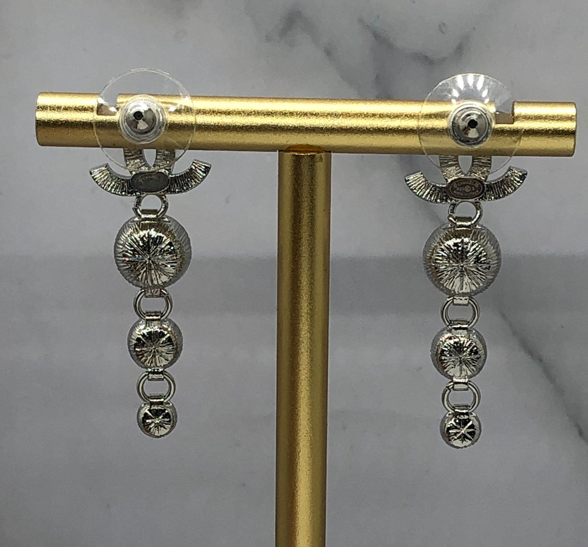 CHANEL CC Silver Tone Rhinestone Pendant Earrings - Pre owned