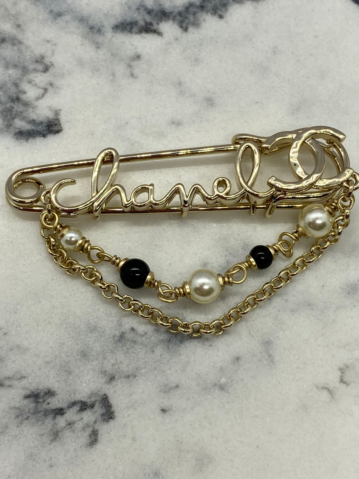CHANEL Silver Tone Script Brooch Pin - Pre owned