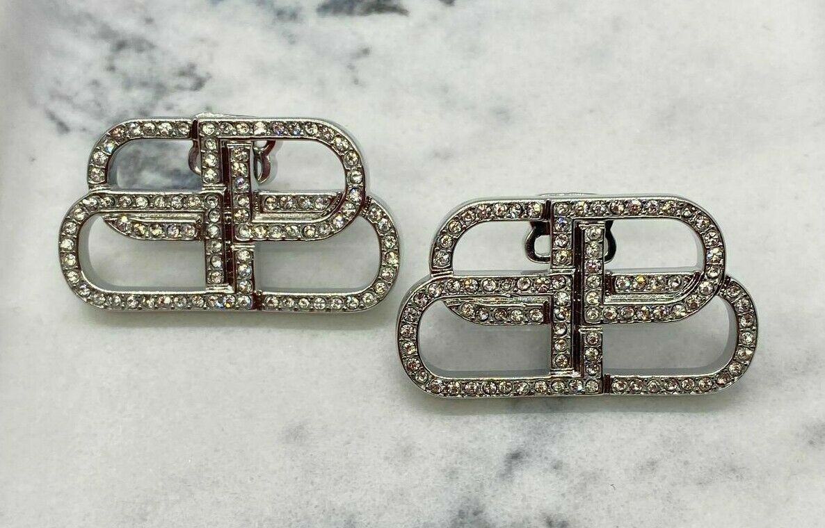 BALENCIAGA BB Silver Tone Rhinestone Monogram Earrings - Pre owned