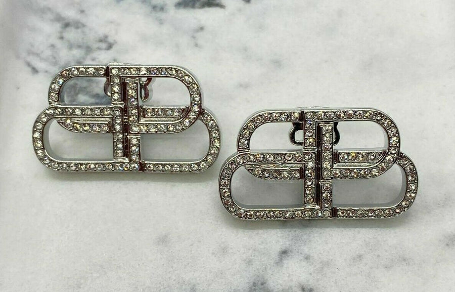 BALENCIAGA BB Silver Tone Rhinestone Monogram Earrings - Pre owned
