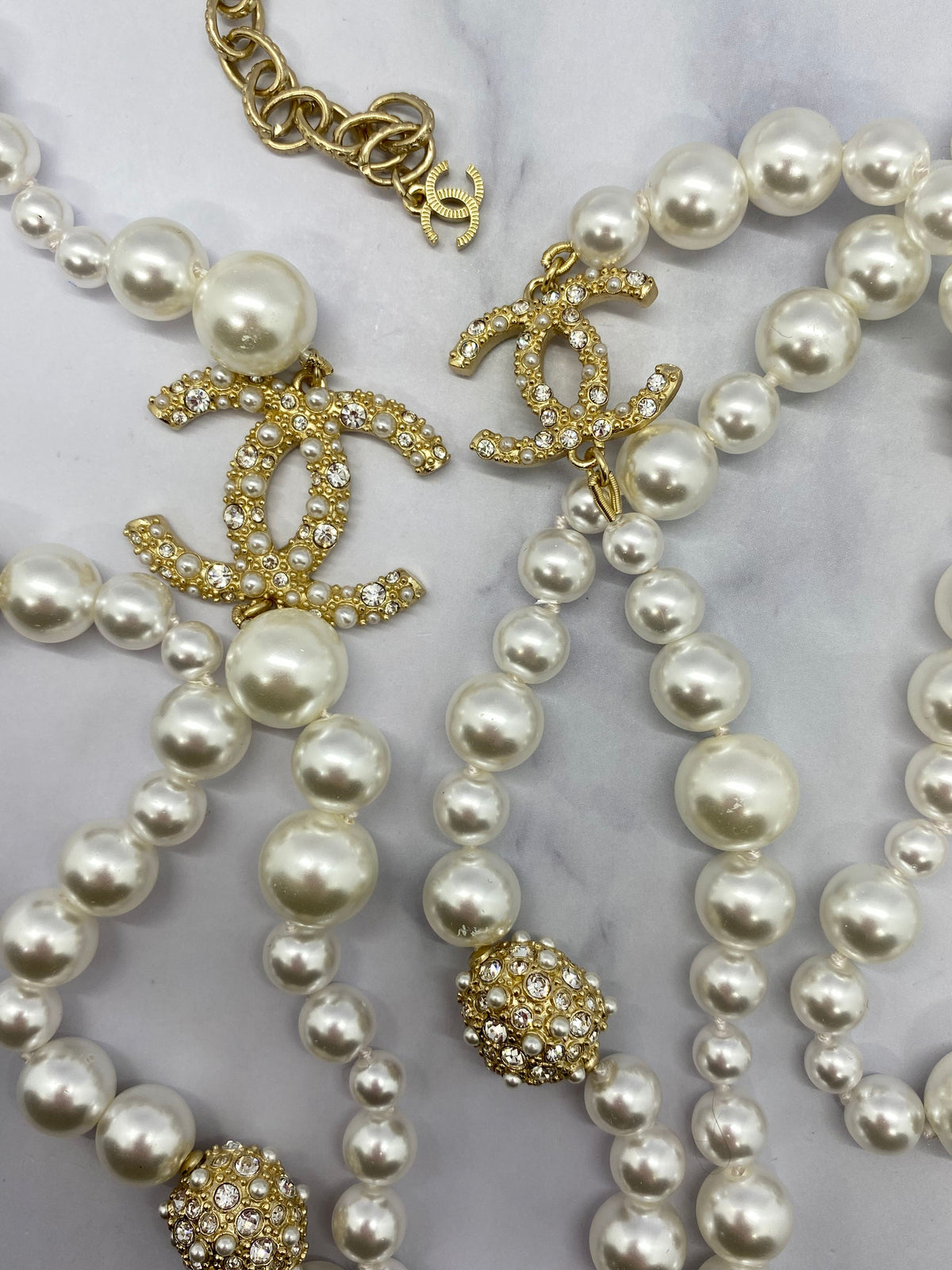 CHANEL CC Pearl Long Layer Statement Necklace - USED