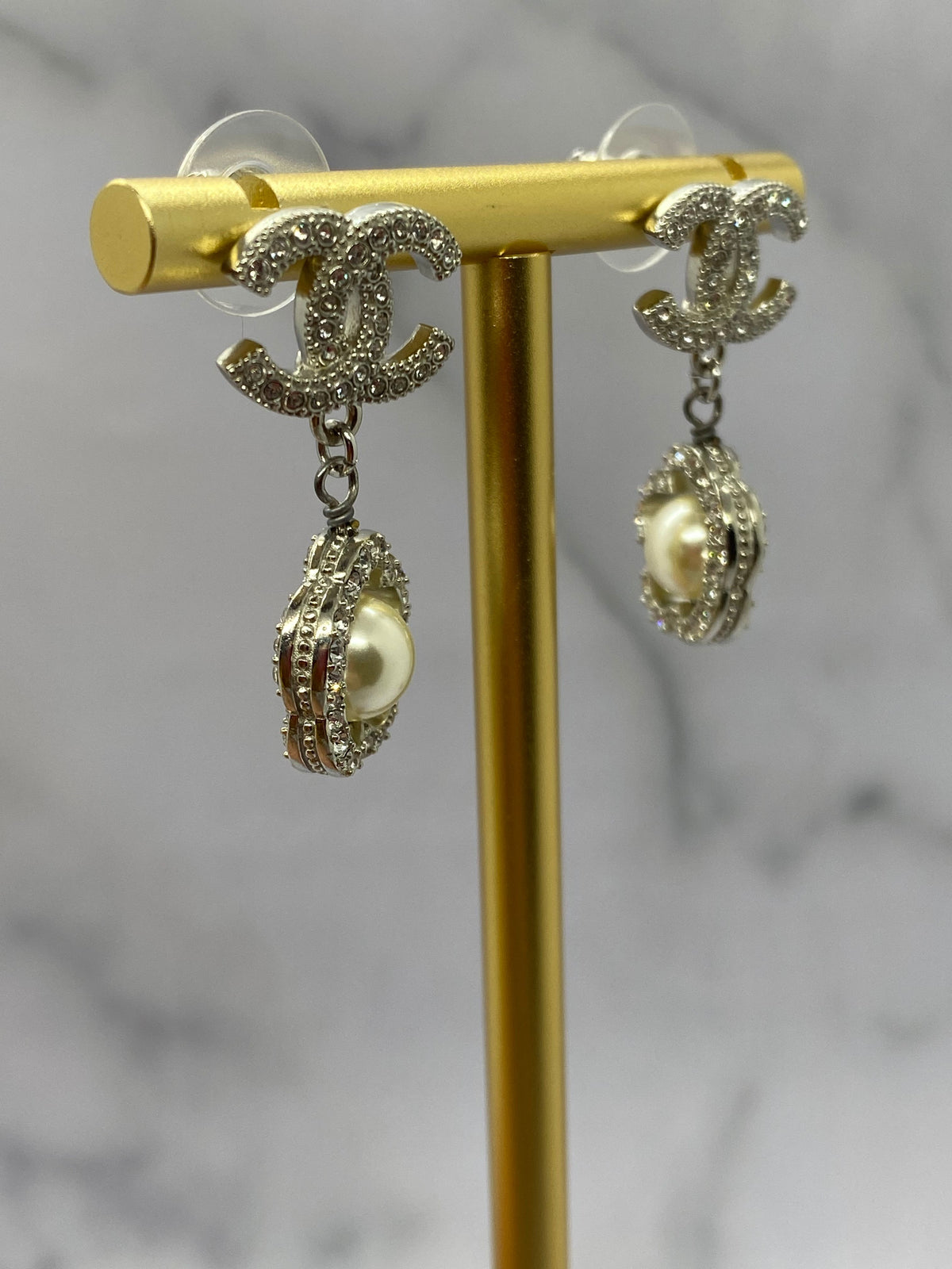 CHANEL CC Silver Tone Pearl Pendant Earrings - USED