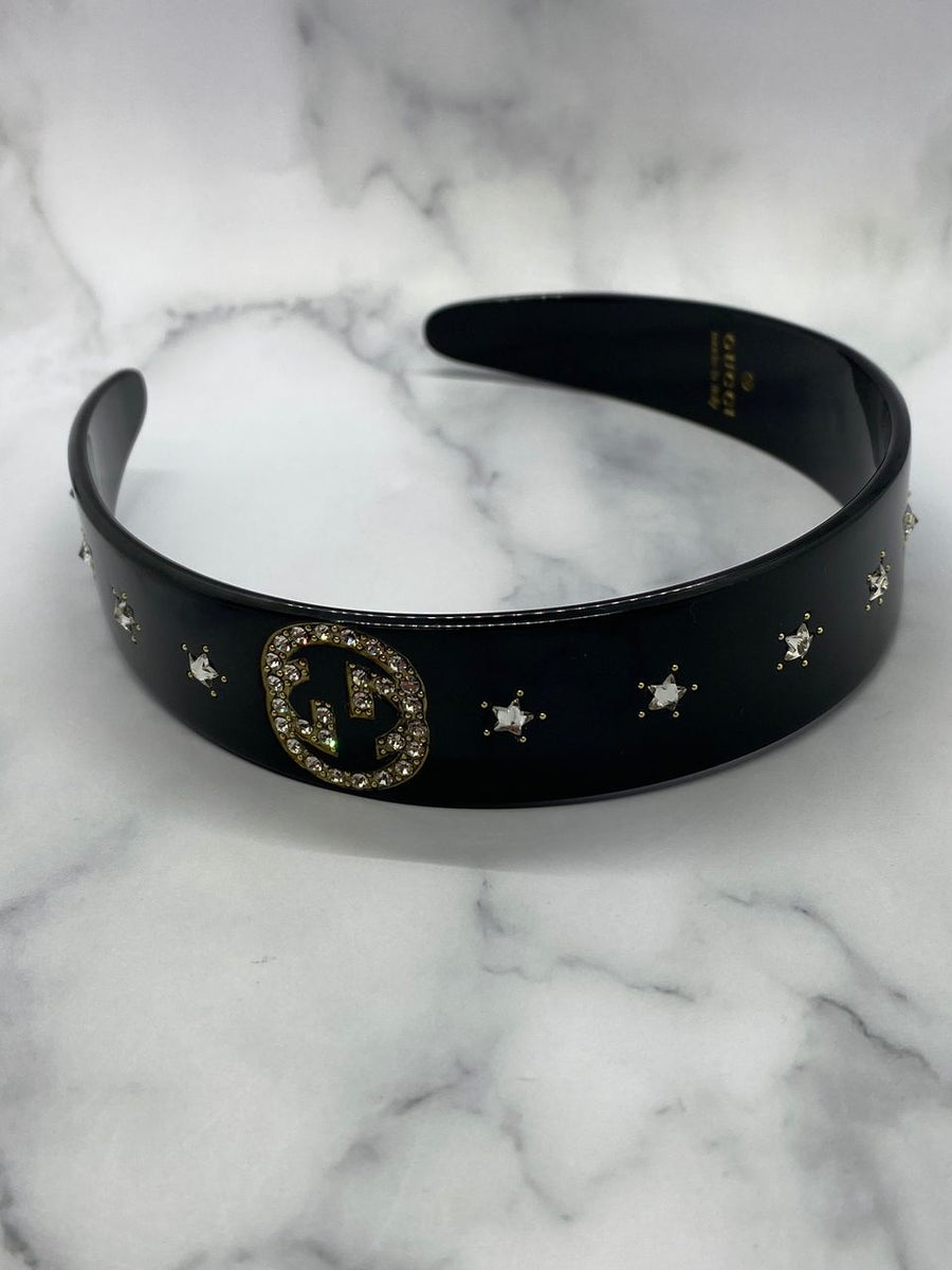 GUCCI GG Black Plastic Rhinestone Head band - Pre owned