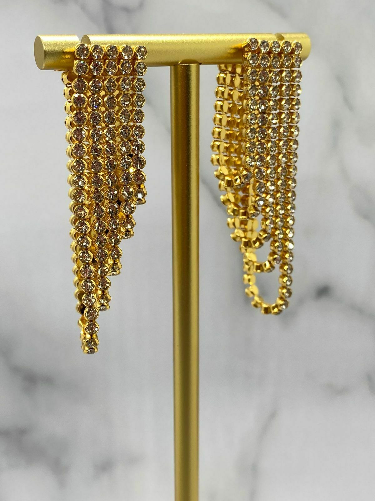 CELINE Gold Tone Rhinestone Fringe Earrings - Pre owned