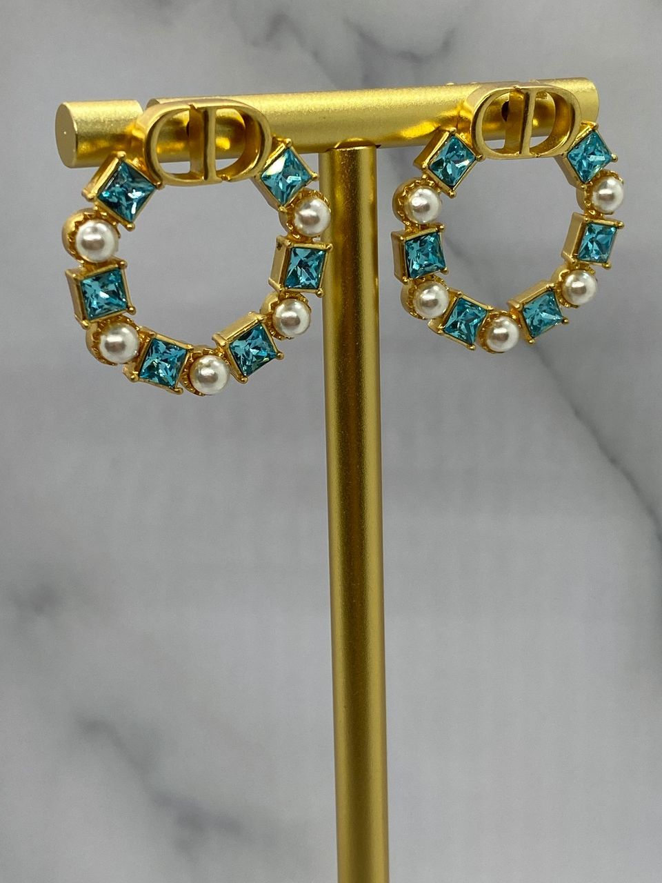 CHRISTIAN DIOR CD Blue Rhinestone Hoop Earrings - Pre owned