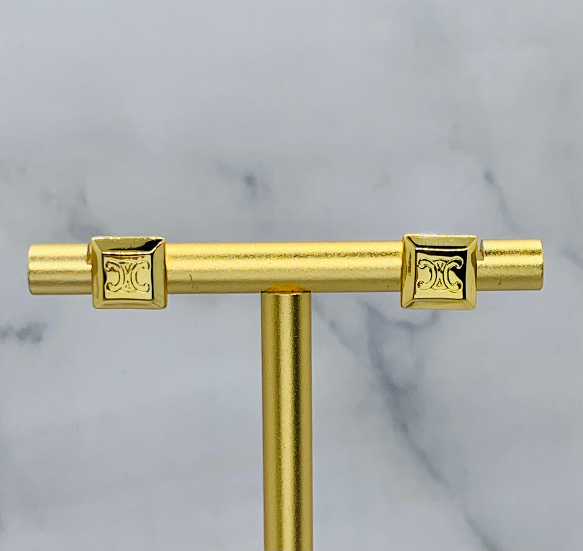 CELINE Monogram Gold Tone Square Earrings - Pre owned