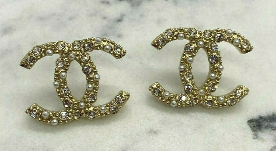 CHANEL CC Gold Tone Rhinestone Earrings - DAMAGED
