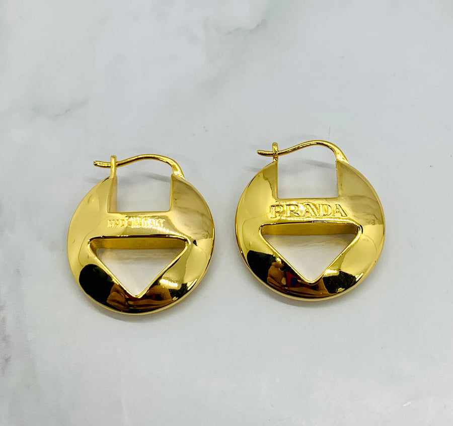 PRADA Gold Tone Disc Hoop Earrings - Pre owned