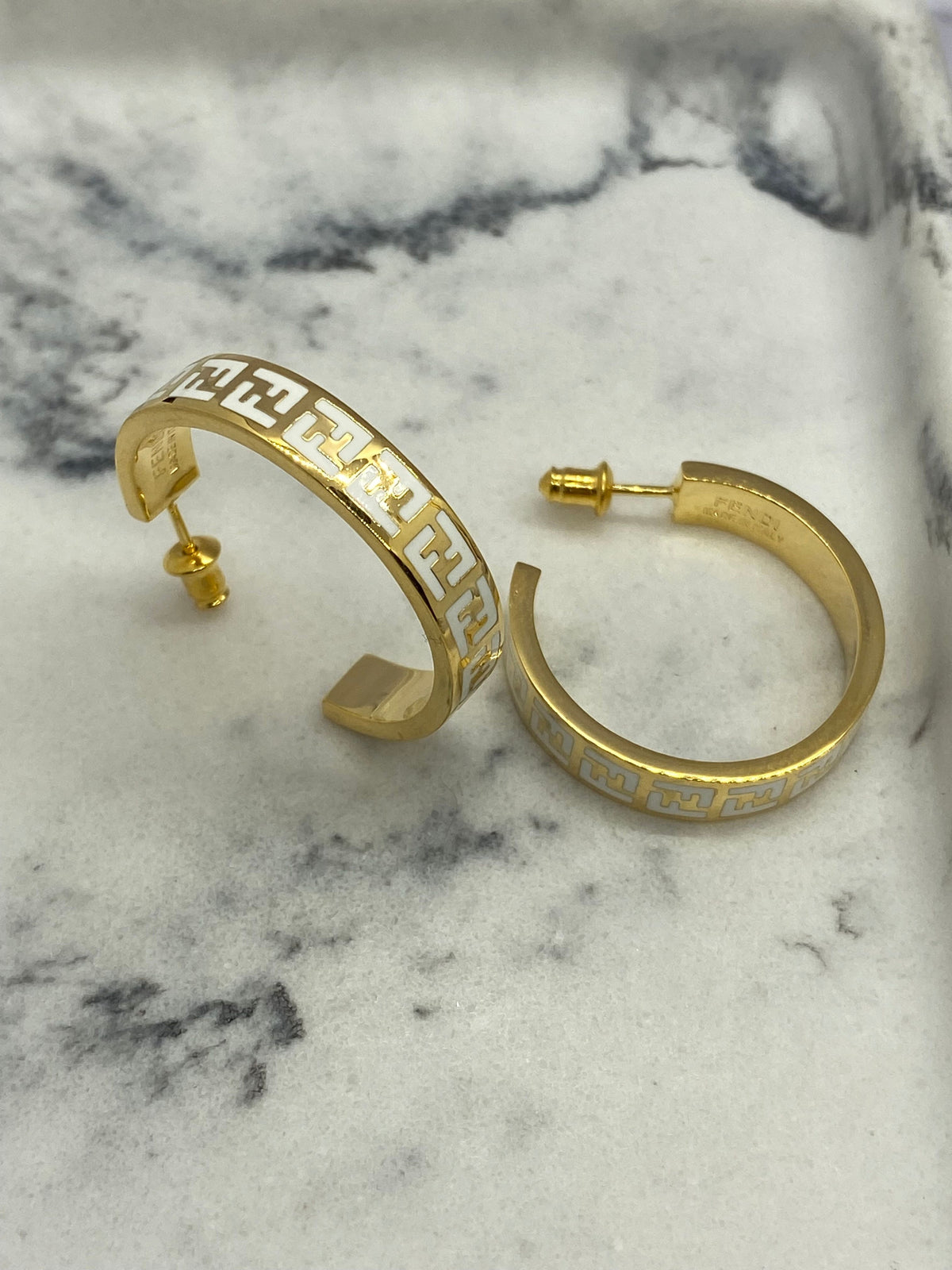 FENDI F Gold Tone White Hoop Earrings - Pre owned