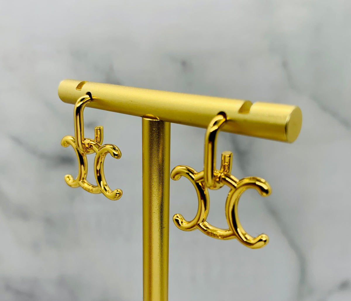 CELINE Monogram Gold Tone Earrings - Pre owned