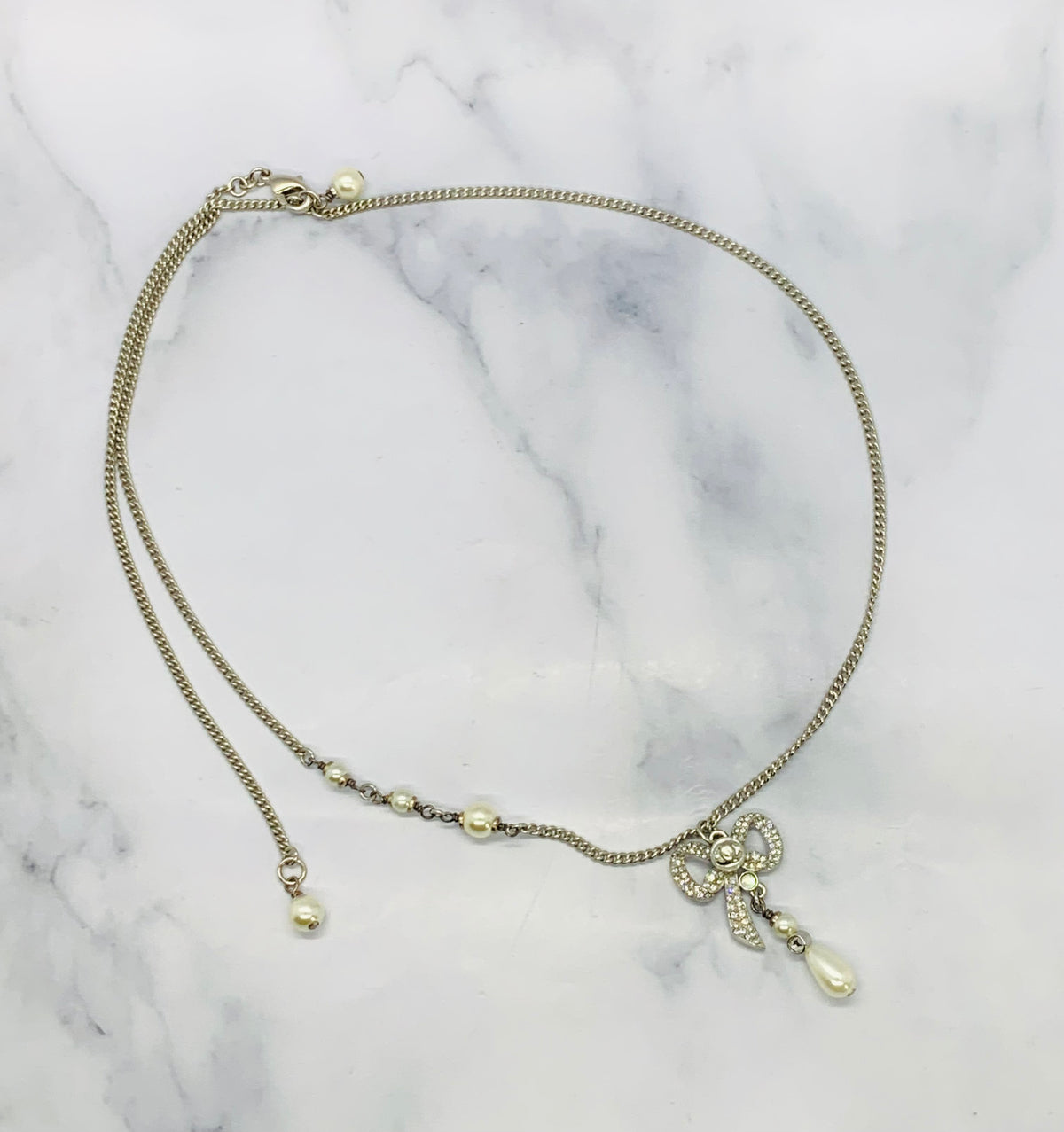 CHANEL CC Bow Rhinestone Pendant Necklace - USED