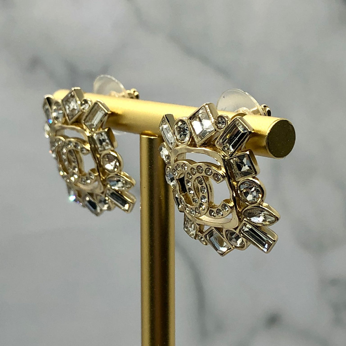 CHANEL CC Gold Tone Rhinestone Earrings - Pre owned