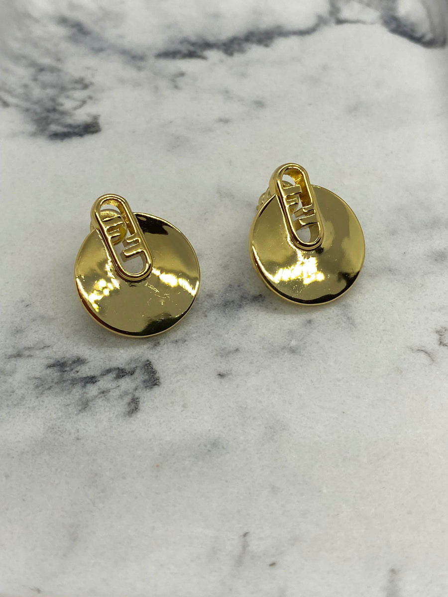 FENDI F Gold Tone Disc Monogram Earrings - Pre owned