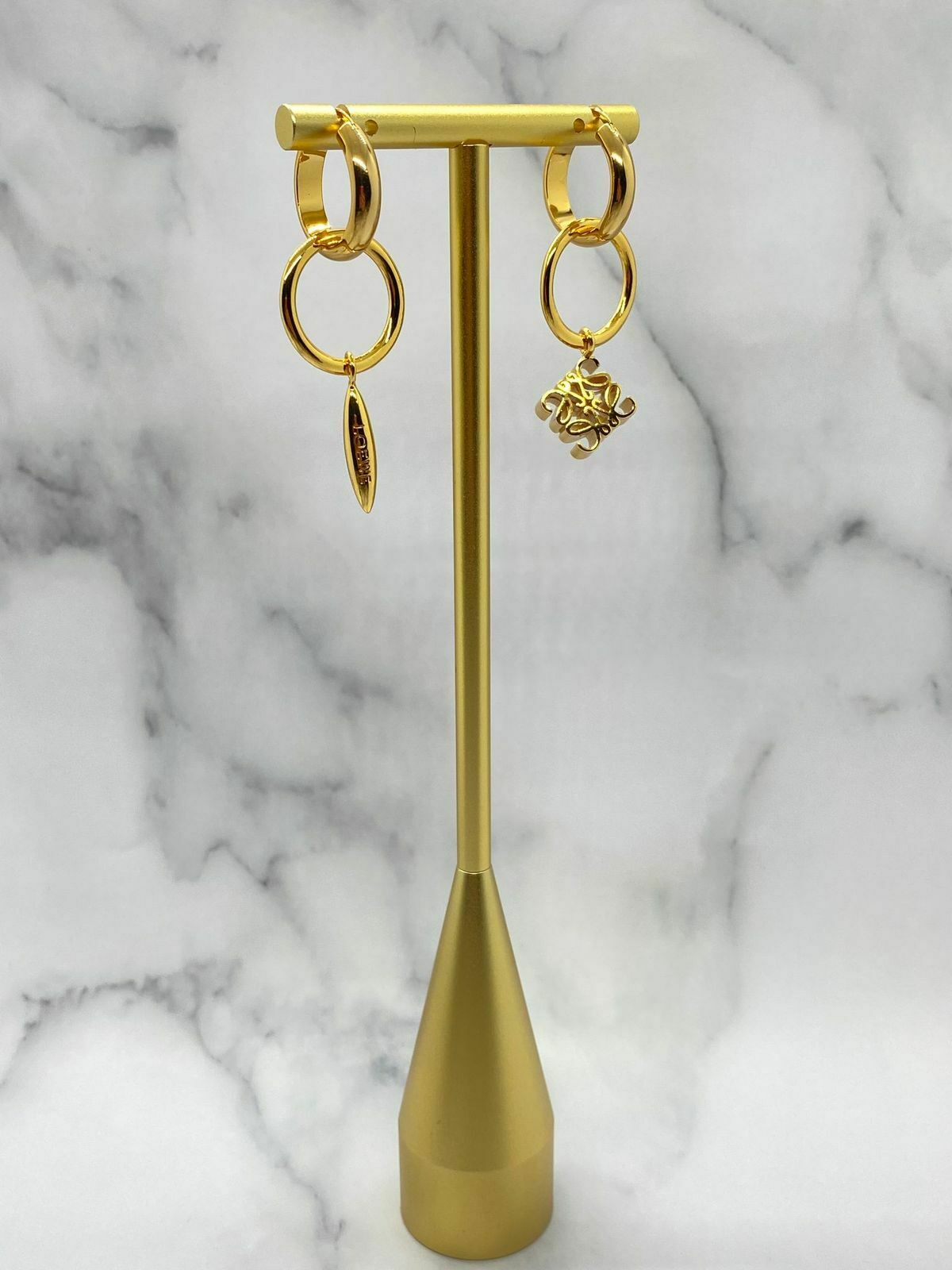 LOEWE Gold Tone Monogram Charm Hoop Earrings - Pre owned