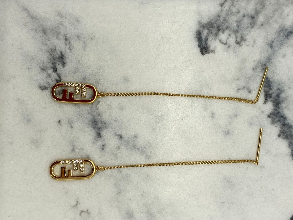 FENDI F Gold Tone Rhinestone Threaded Earrings - Pre owned