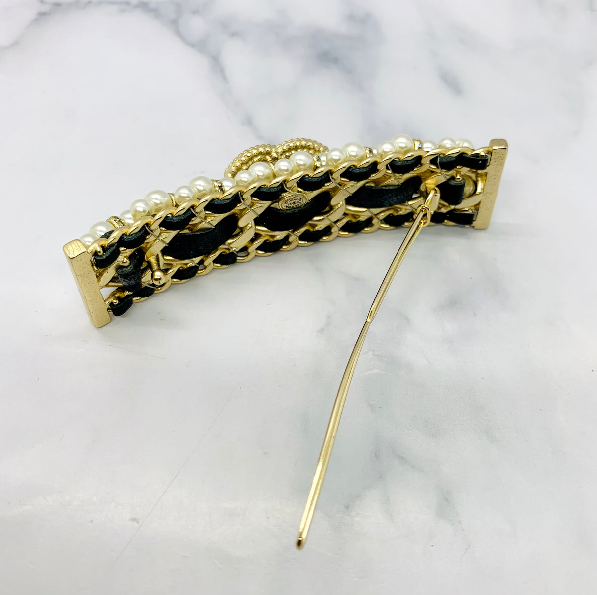 CHANEL CC Pearl & Leather Hair Clip Barrette - USED