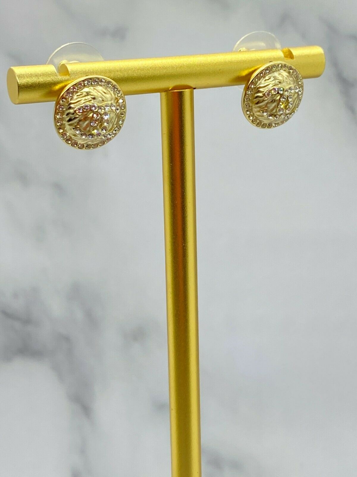 CHANEL CC Gold Tone & Rhinestone Button Earrings - USED