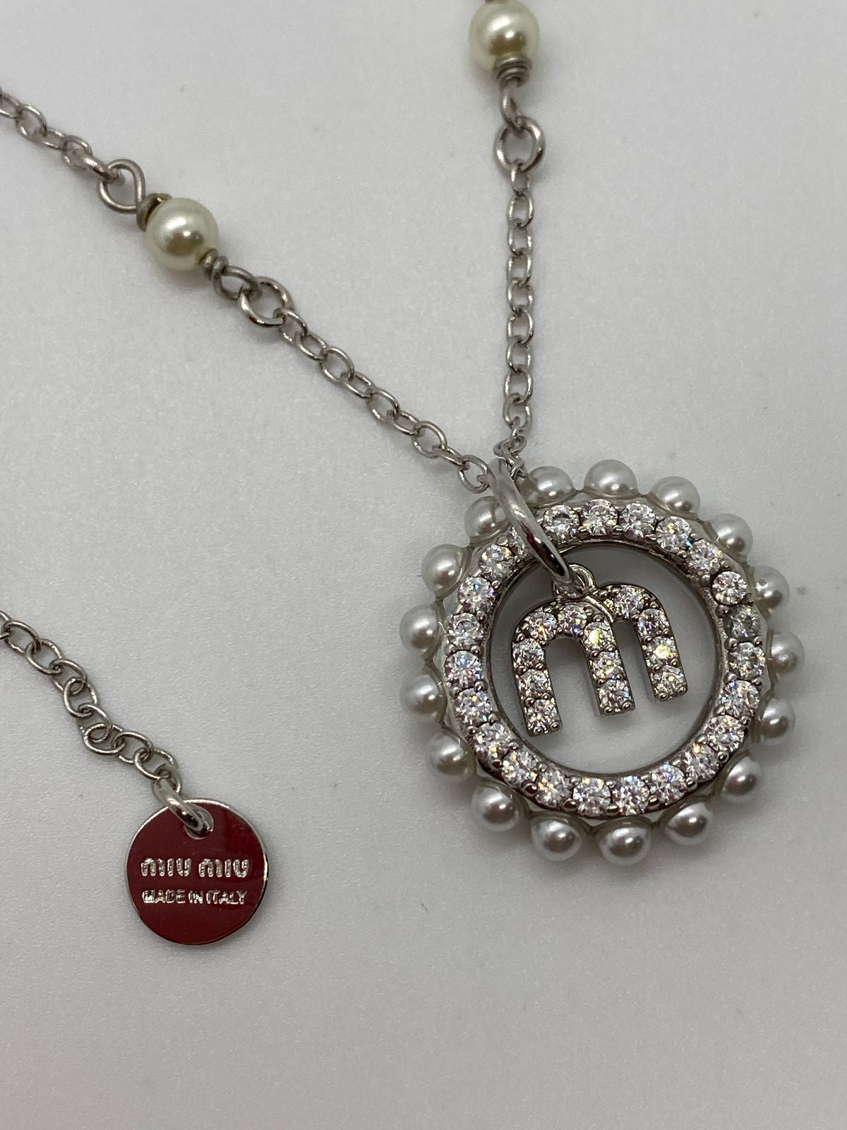 MIU MIU M Rhinestone Silver Tone Charm Necklace - Pre owned