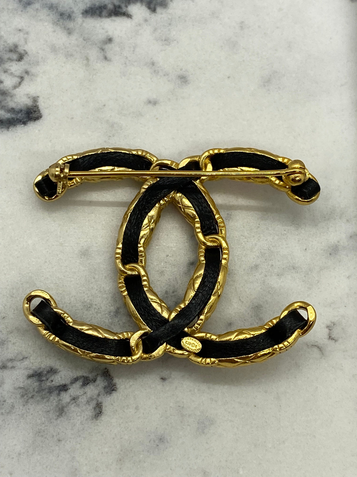CHANEL CC Leather Trim Rhinestone Brooch - USED