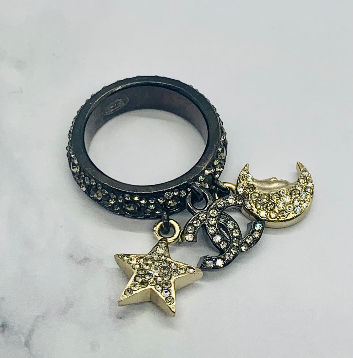 CHANEL CC Sun Moon Rhinestone Ring size 7 - Pre owned