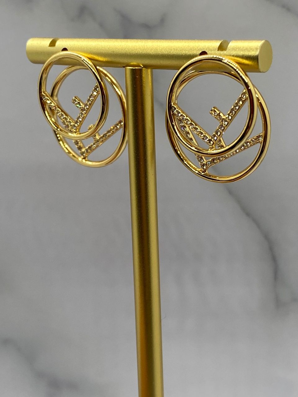 FENDI F Gold Tone Rhinestone Double Loop Earrings - Pre owned