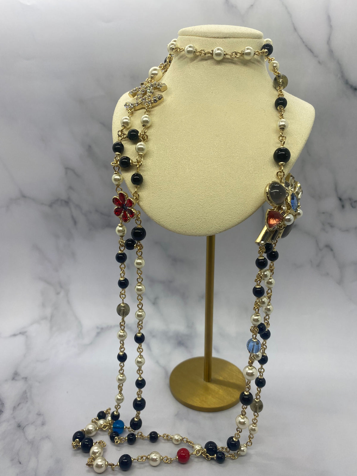 CHANEL CC Flower Rhinestone Layered Necklace - USED