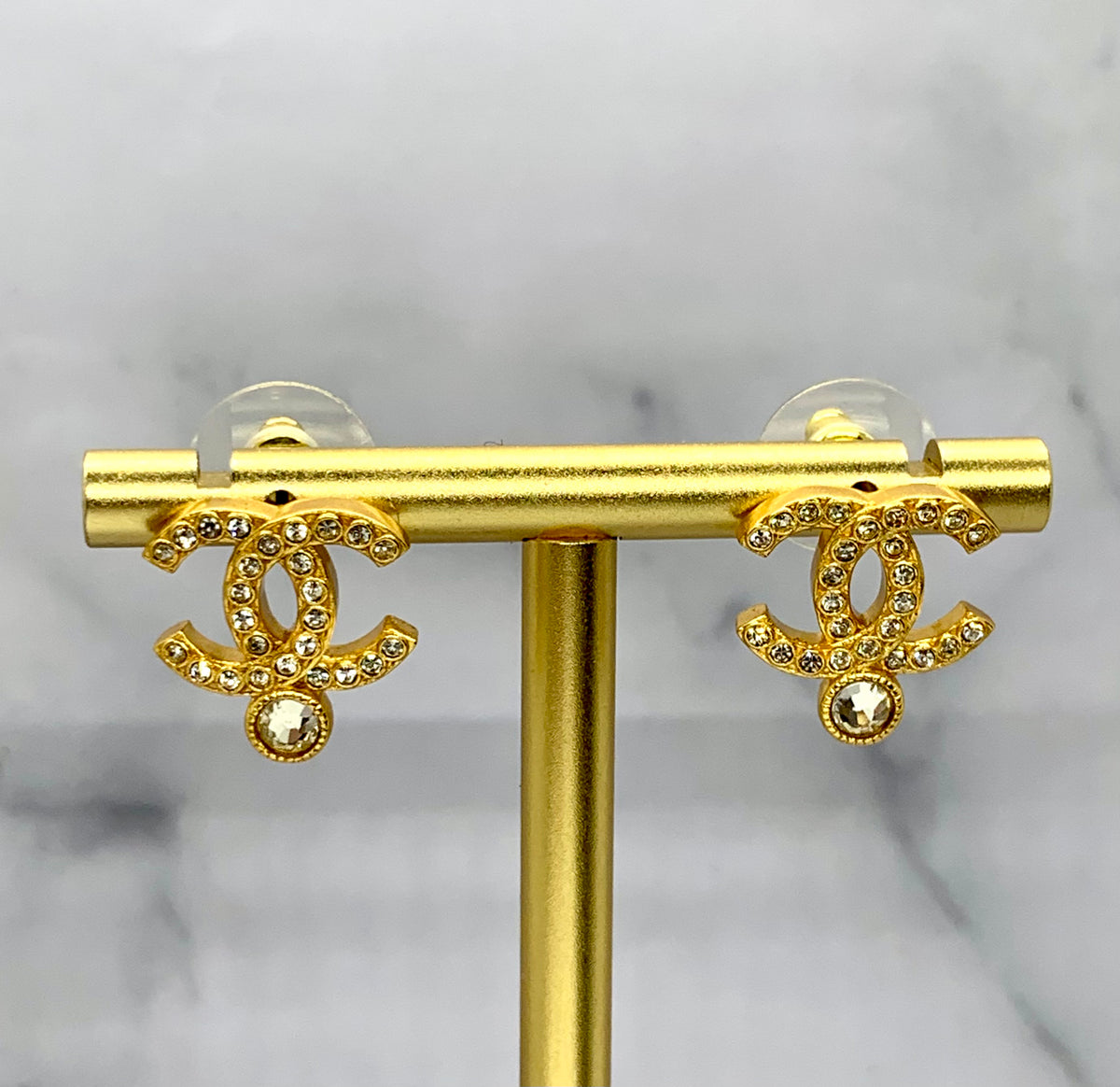 CHANEL CC Gold Tone Rhinestone Earrings - USED