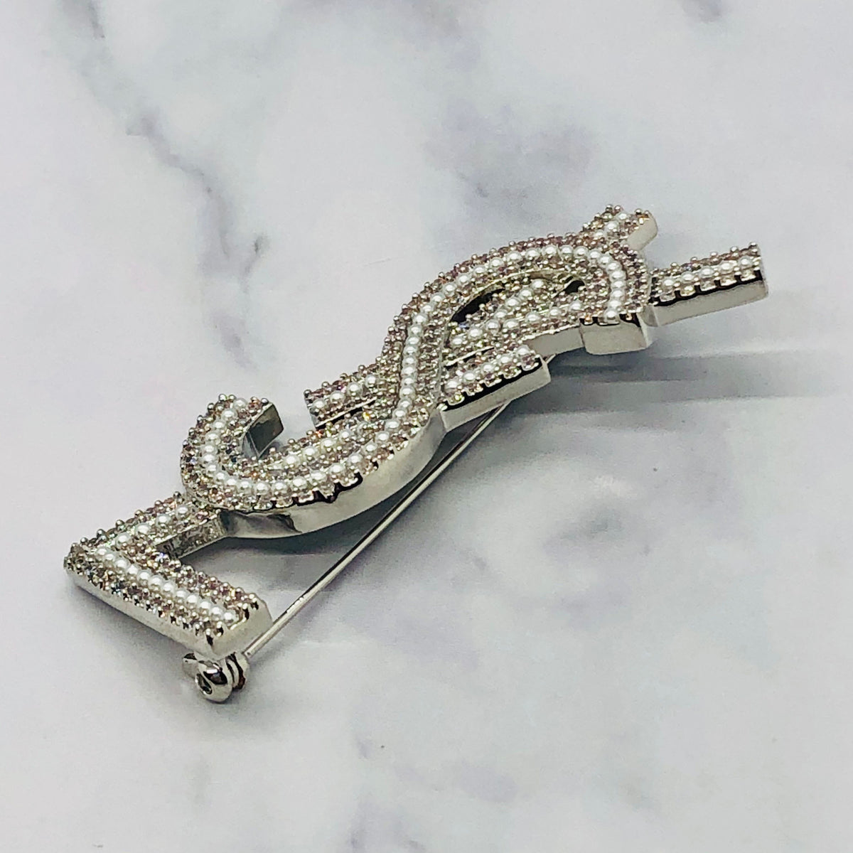 YSL YVES SAINT LAURENT Silver Rhinestone Brooch Pin - Pre owned